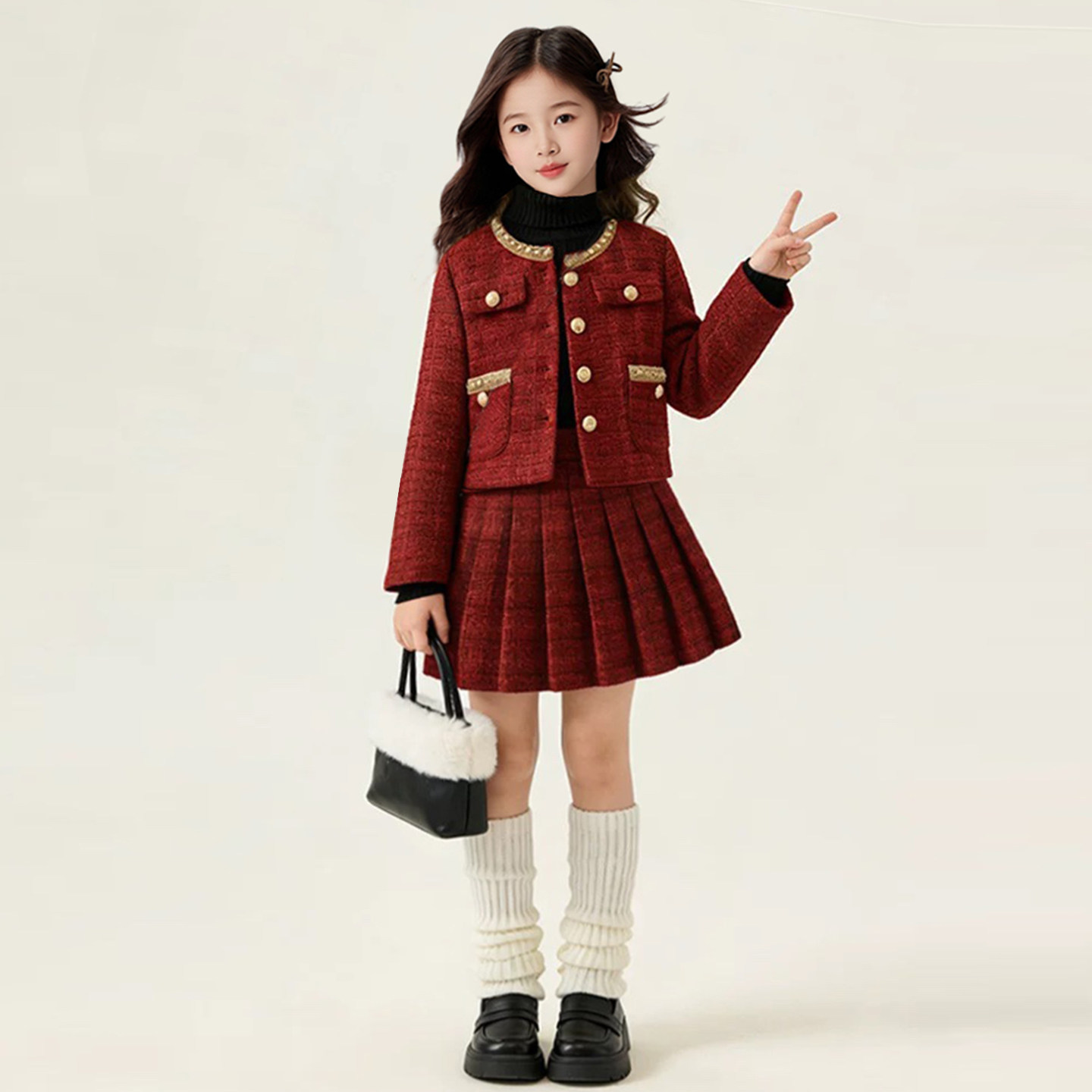 女大童小香风套装2025新年红格纹毛呢夹棉外套百褶裙两件套千金风,淘宝优惠券,粉丝福利购,淘宝优惠卷