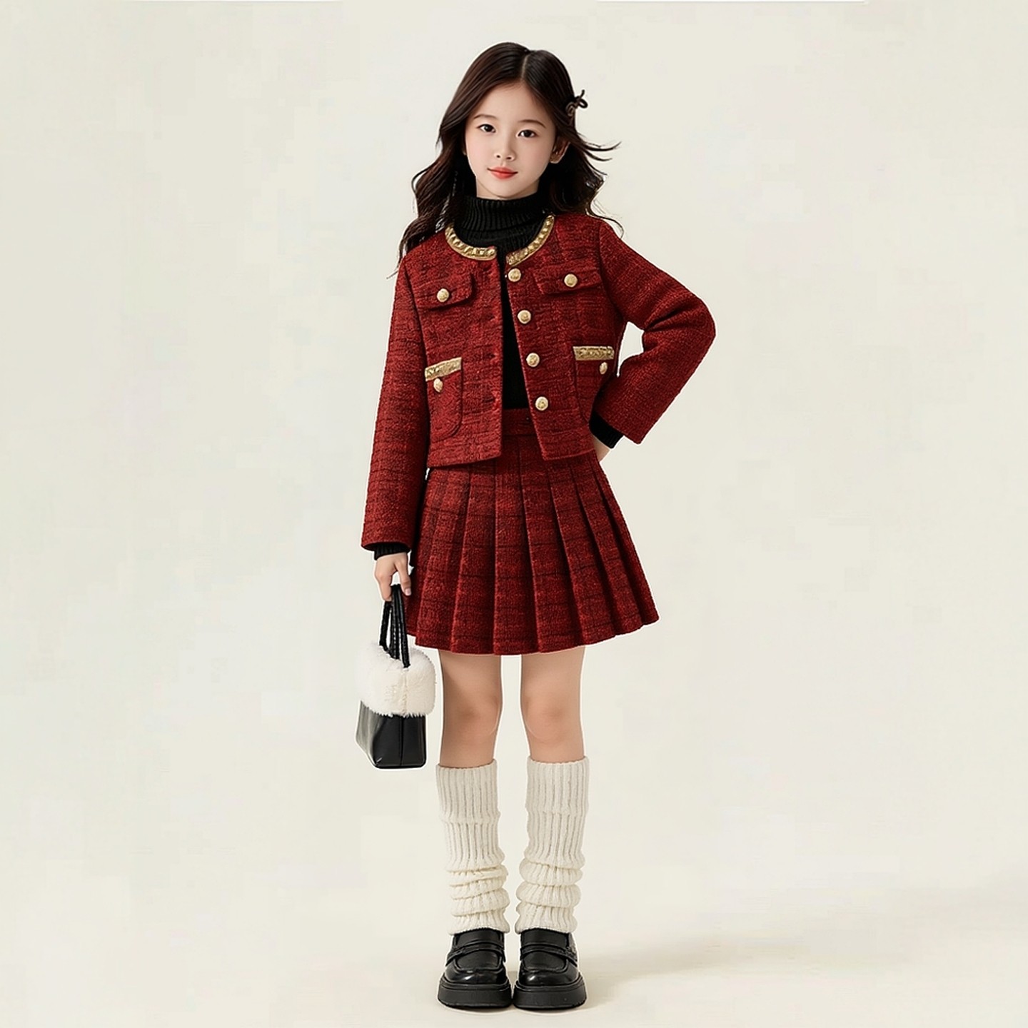 女大童小香风套装2025新年红格纹毛呢夹棉外套百褶裙两件套千金风,淘宝优惠券,粉丝福利购,淘宝优惠卷