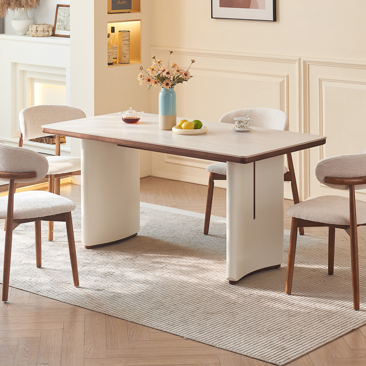 贝米餐桌1. 6米法式实木岩板餐桌椅组合6人长方形家用设计师新款 - 图1