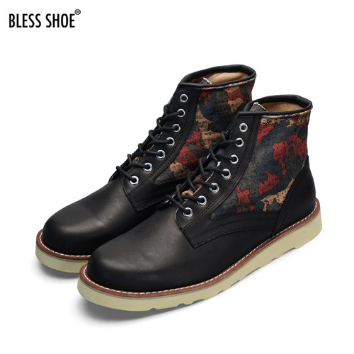 清仓特惠BLESS SHOE ROUND TOE 黑色真皮拼色圆头工装靴马丁男靴 - 图0