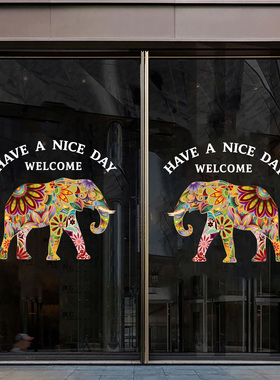 招财吸水象门贴大象主题静电贴纸