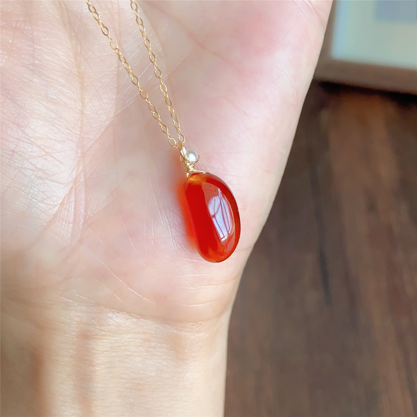 此物最相思 天然玛瑙小原石随形红豆锁骨链 S925银镀金项链吊坠 - 图1