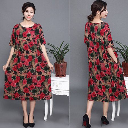 夏季加肥加大码女装中老年连衣裙 路易白鲸连衣裙