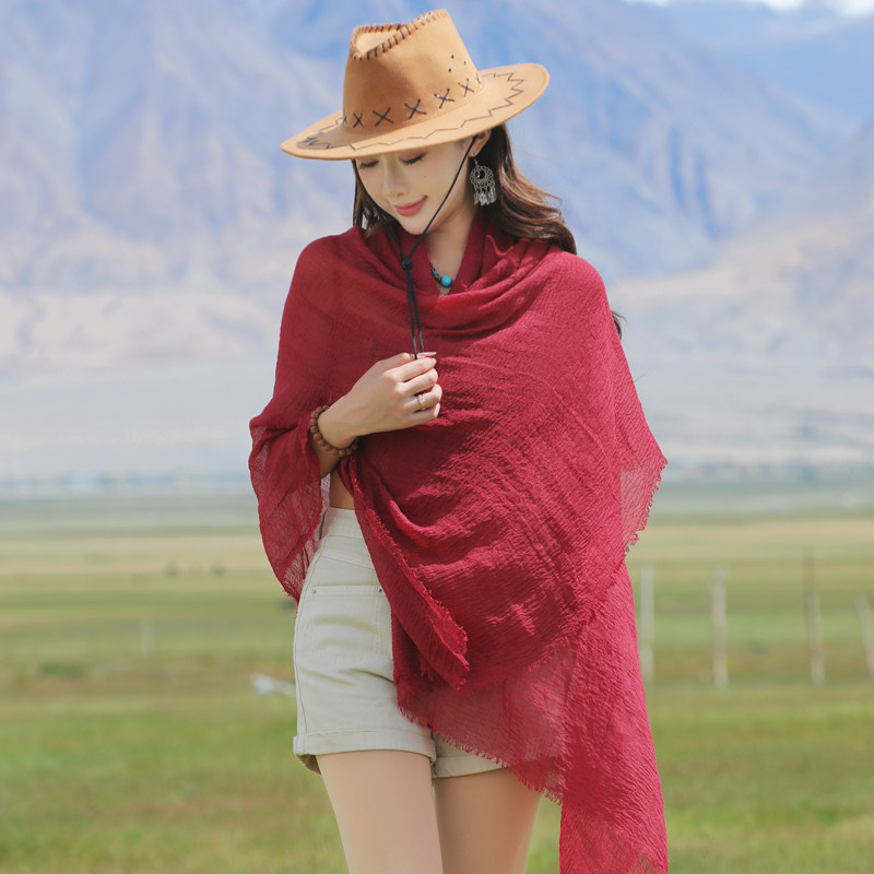 大红色酒红色围巾女棉麻秋冬季薄款百搭长款披肩两用亚麻丝巾防晒,淘宝优惠券,粉丝福利购,淘宝优惠卷