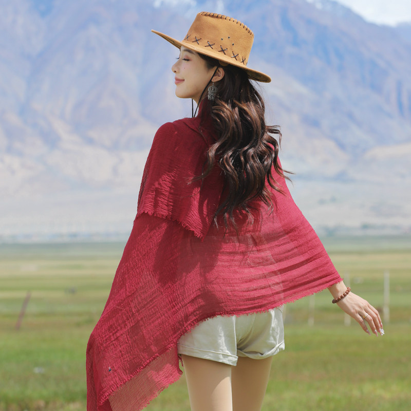 大红色酒红色围巾女棉麻秋冬季薄款百搭长款披肩两用亚麻丝巾防晒,淘宝优惠券,粉丝福利购,淘宝优惠卷
