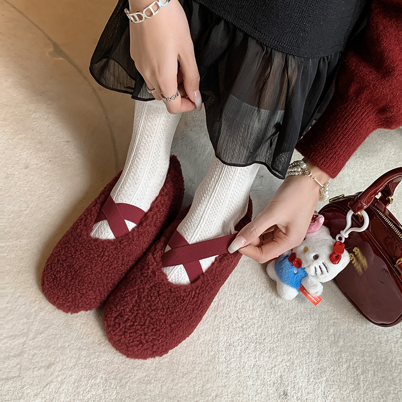 一力米灰2025年新款女鞋玛丽珍鞋平底鞋女鞋毛毛鞋保暖舒适百搭女 - 图0