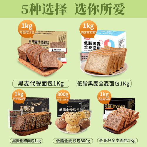 比比赞全麦吐司面包整箱早餐速食黑麦代餐减低0粗粮脂休闲小零食 - 图2