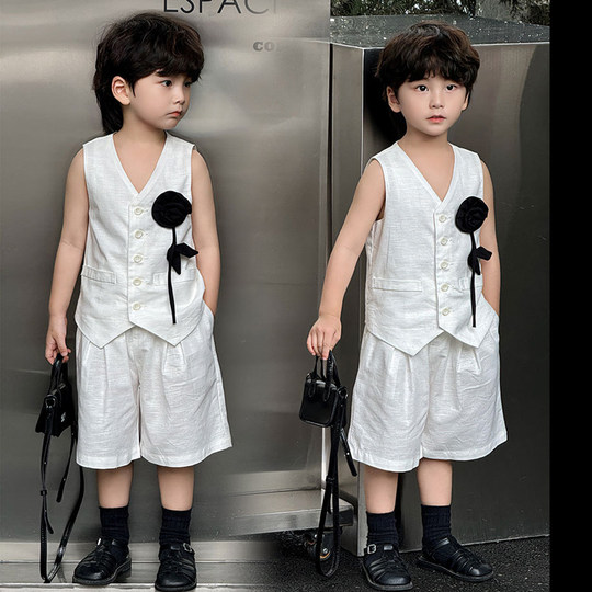 韩范男童马甲套装夏季儿童白色小西装痞帅风模特t台走秀礼服潮酷