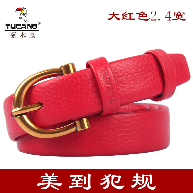 新款啄木鸟女皮带真皮时尚女士腰带细头层牛皮软设计感百搭裤带