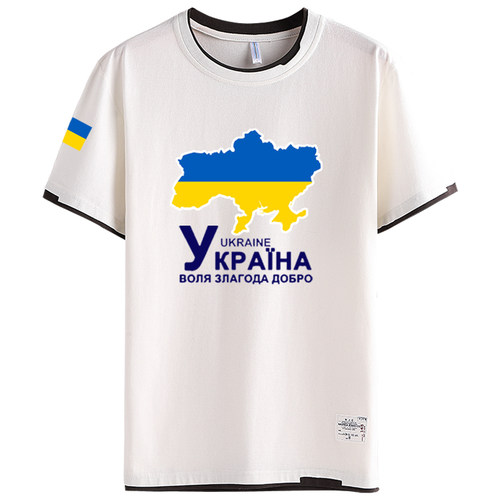 乌克兰Ukraine国家地图标志国家队拼接短袖T恤衫男女假两件半截袖 - 图3