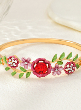 小众轻奢彩绘玫瑰花手镯复古宫廷风艺术彩色镂空景泰蓝合金首饰