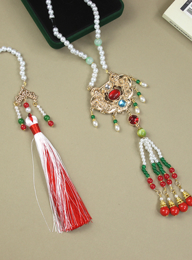 新中式古风平安锁背云红色长璎珞流苏项链女国风汉服马面裙配饰品