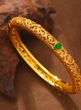 国潮宫廷风敦煌传承祥瑞珐琅镂空沙金手镯复古合金开口轻奢细镯子