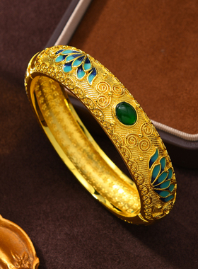 新中式国风单层北京珐琅景泰蓝宽手镯红松石轻奢百搭手饰品女礼物