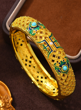 新中式国风单层北京珐琅景泰蓝宽手镯轻奢百搭手饰品送礼物首饰女