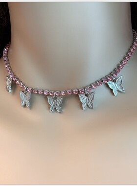 欧美气质古巴蝴蝶项链跨境爆款蝴蝶吊坠颈链嘻哈饰品tennischoker