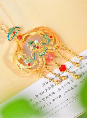 双凤呈祥 925银镶嵌天然和田玉烧蓝吊坠女流苏项链中国风毛衣链