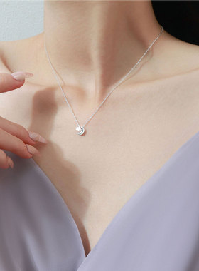 S999纯银星星月亮项链时尚精致星月吊坠颈链冷淡风气质足银锁骨链