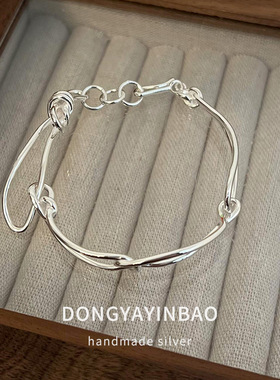 韩国ins重工通体S925纯银 手工不规则几何极简风小众手链男女适用