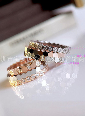 蜂巢戒指女s925银镀18k金小众设计轻奢满钻叠戴蜂窝时尚戒指钻戒