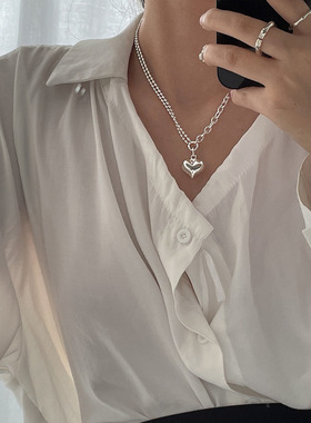 韩版S925银甜美爱心双层项链女复古时尚气质桃心锁骨链创意毛衣链