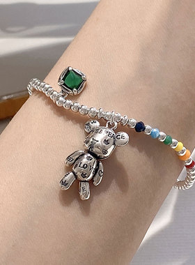 韩版S925银甜美彩虹爱心小熊项链女复古时尚宝石手链锁骨链手环潮