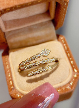 s925纯银戒指女镀18K金三圈满钻蛇戒时尚简约轻奢小众高级感ins风