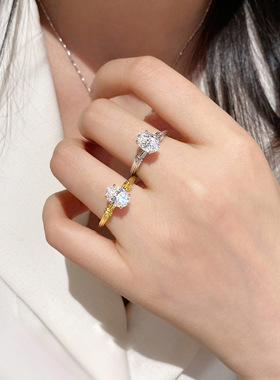 隆隆金 S925银镀金色椭圆6*8mm单钻戒指女简约唯美星芒女戒指环