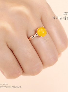 925银气质简约小众设计指环圆形蛋面戒指空托diy镶嵌蜜蜡翡翠银托