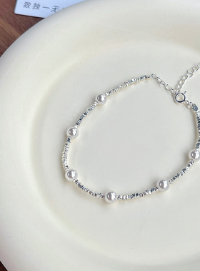 足银S999碎银几两珍珠手链女法式复古优雅轻奢小众简约百搭手饰品