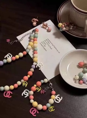 新款夏日串珠choker！复古亚克力少女心串珠项链女手链套装