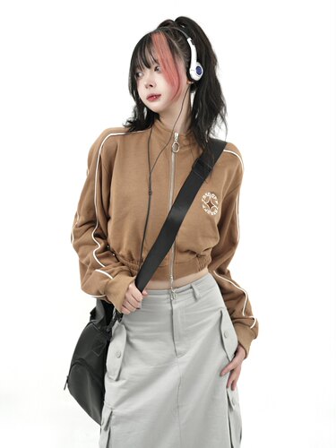 Takeoff咖喱正肩短外套女修身学院风休闲立领上衣秋2022拉链开衫 - 图2