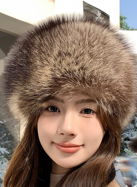 简约美洲貉子毛保暖整皮皮草圆帽