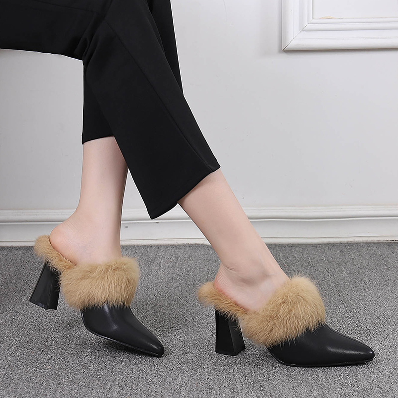 毛毛拖鞋女冬季新款包头半拖粗跟尖头时尚百搭高跟真兔毛女拖鞋 - 图1