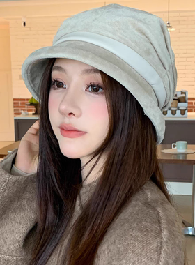 复古褶皱渔夫帽女宽帽檐显脸小