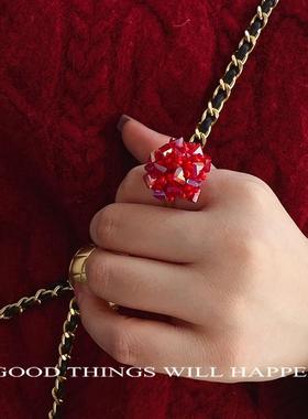 本命红水晶团子手工串珠戒指crush降临心动可调指环个性新年礼物