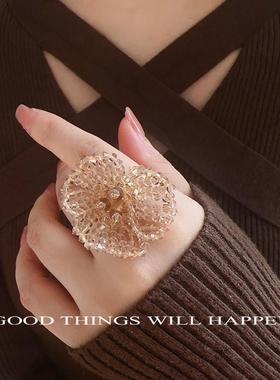 复古气质水晶戒指女手工编织优雅气质三叶草花朵指环可调节镀真金