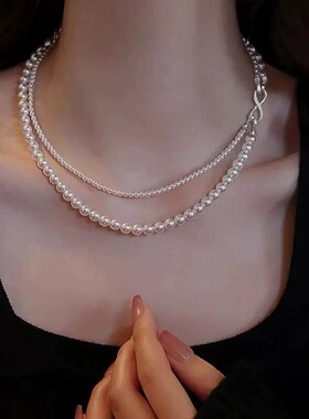 非金属仿珍珠项链 可拆分双层叠戴8字扣珠珠项链秋冬毛衣链礼物