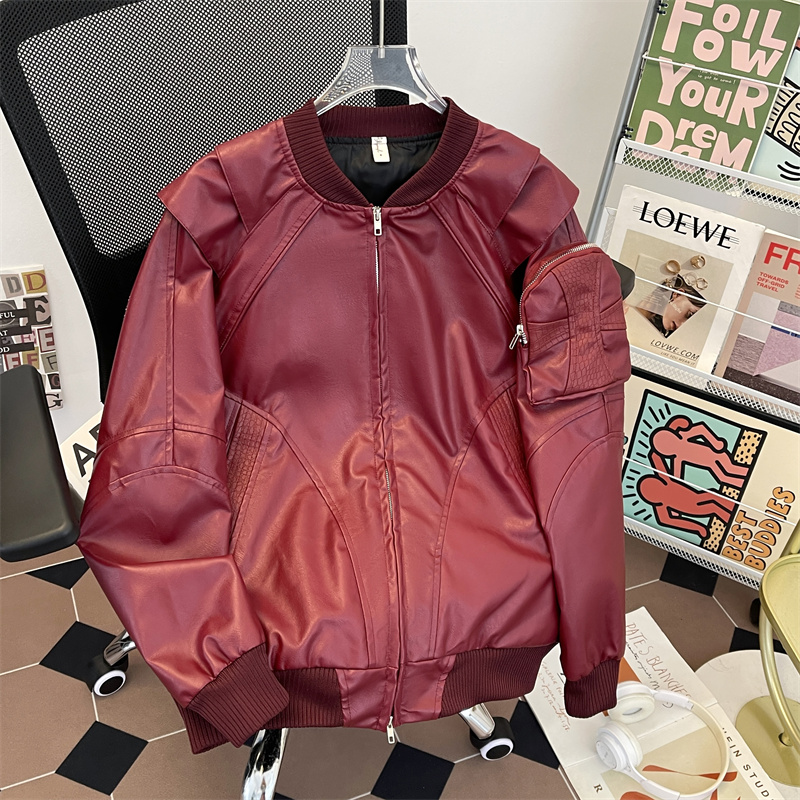 春秋美式蛇纹皮衣外套男女短款机能飞行员PU皮夹克棒球服运动风潮 - 图0