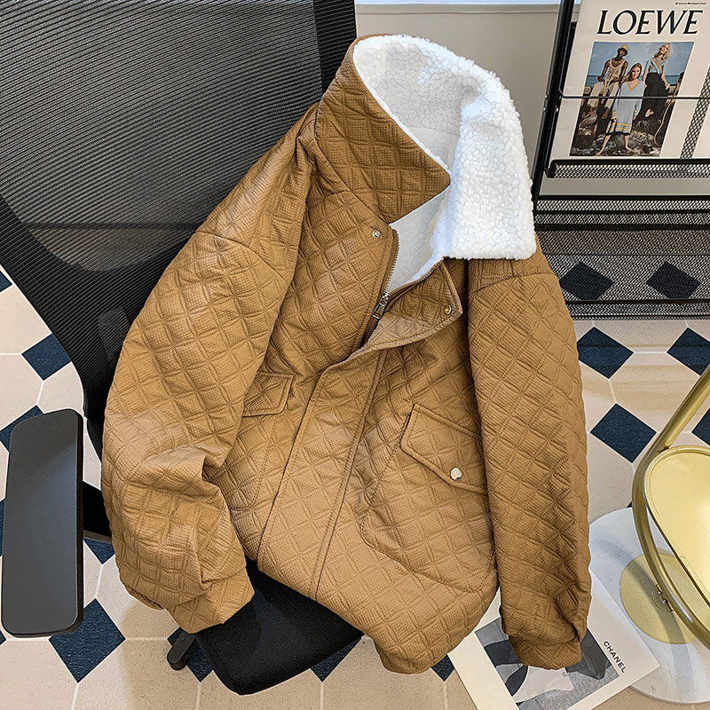 菱形格轻奢短款翻领羽绒棉衣男女冬季羊羔毛棉服高级感外套棉袄子 - 图1