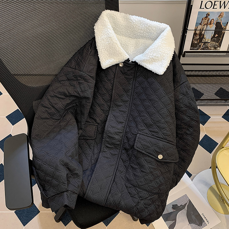 菱形格轻奢短款翻领羽绒棉衣男女冬季羊羔毛棉服高级感外套棉袄子 - 图2