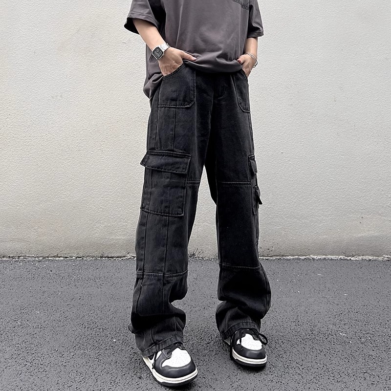 美式街头hiphop工装牛仔裤男款秋季潮牌做旧设计感宽松百搭直筒裤