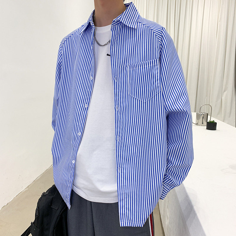 2024春季新款简约条纹宽松衬衫韩国ulzzang男女百搭长袖衬衣潮流_虎窝淘