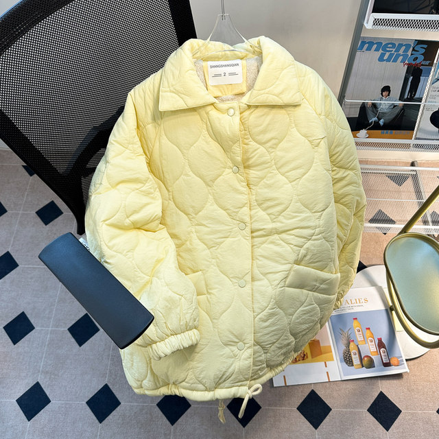 Black rhombus lapel down jacket for men and women winter quilted thickened casual loose lamb velvet cotton jacket