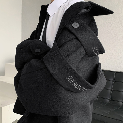 美式复古纯色毛呢外套男秋冬季小众宽松休闲上衣ins潮牌翻领大衣 - 图0