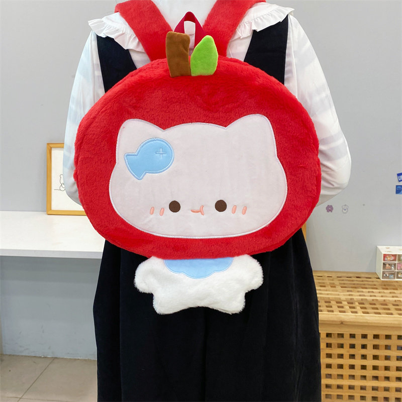 吉吉向上原创可爱毛绒苹果头套小猫书包卡通学生旅游上学双肩包,淘宝优惠券,粉丝福利购,淘宝优惠卷