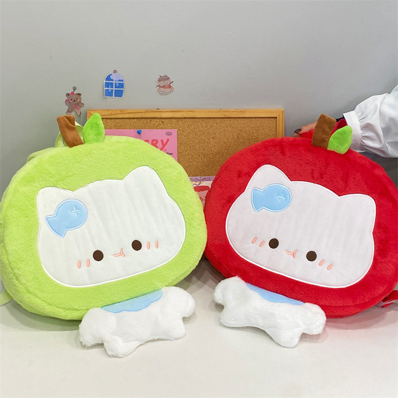 吉吉向上原创可爱毛绒苹果头套小猫书包卡通学生旅游上学双肩包,淘宝优惠券,粉丝福利购,淘宝优惠卷