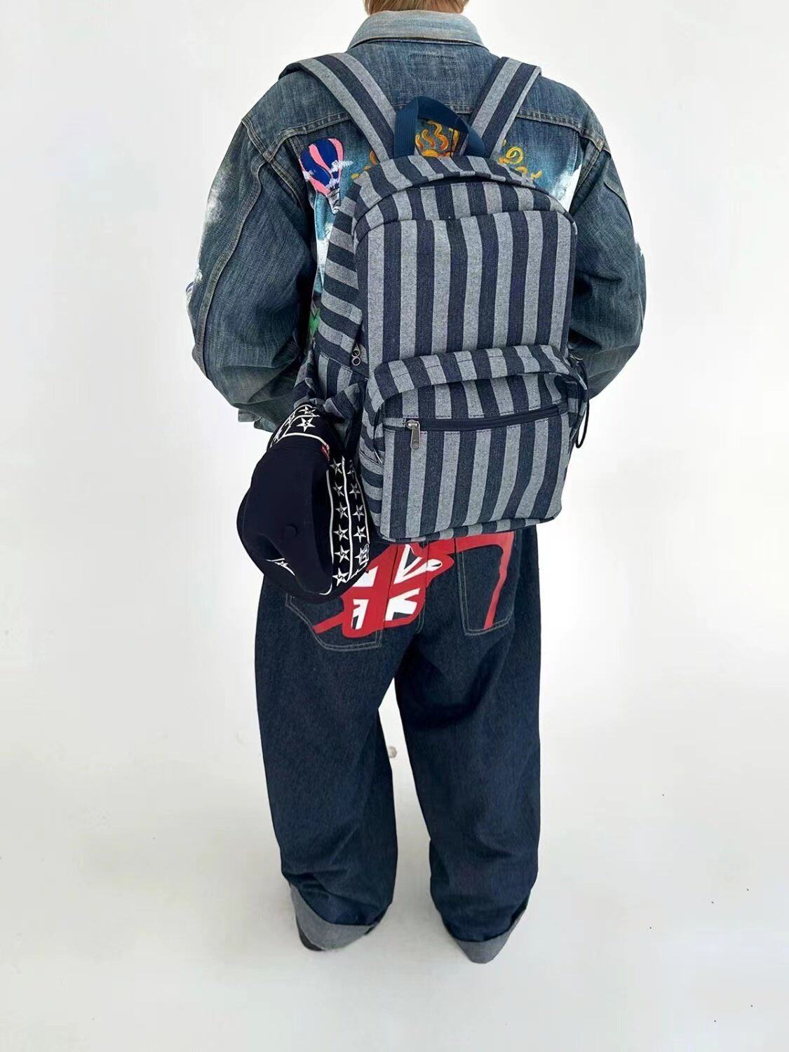 Mirenbu迷人布 拼接双肩包 麂绒星星牛仔条纹大容量情侣百搭春夏 - 图2