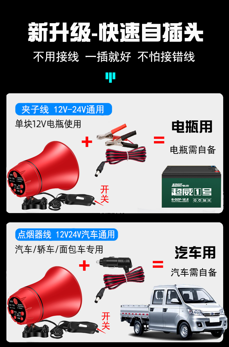 户外扩音喊话器大功率车载12v24V录音播放器充电摆摊宣传叫卖喇叭-图1