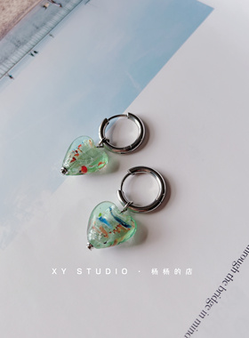 XY STUDIO手作定制耳环琉璃爱心日系原宿甜美百搭耳圈无耳洞耳夹